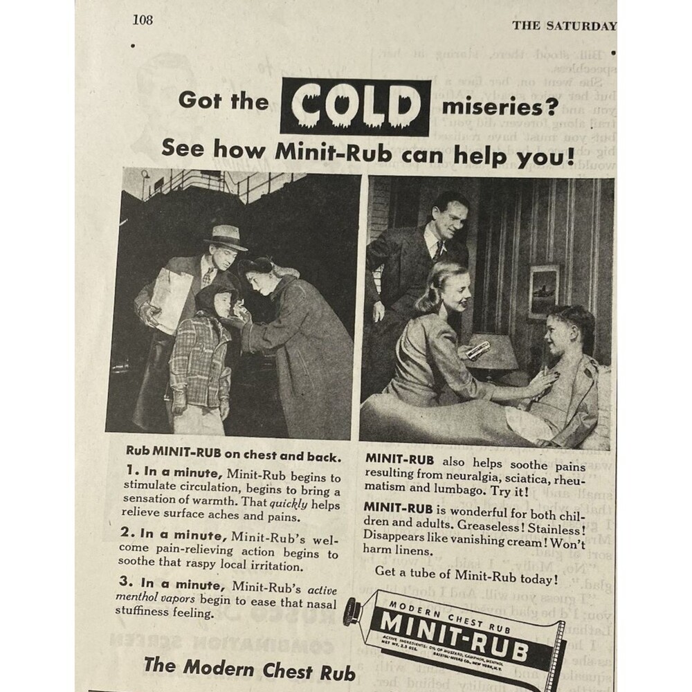 Minit-Rub "Modern Chest Rub for the COLD Miseries" Vintage Print Ad 1940s